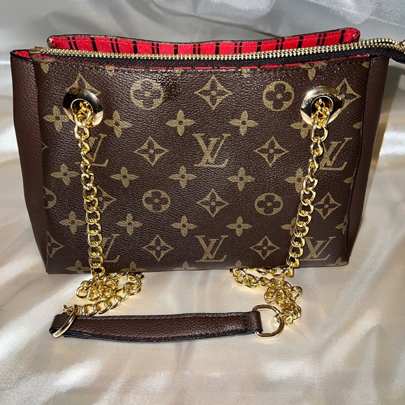 L Handbags - Brown Monogram Canvas Shoulder Bag with Gold Chain and Red Trim